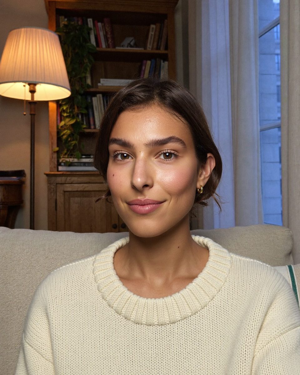 Noa Ellis sitting at home in a cream jumper